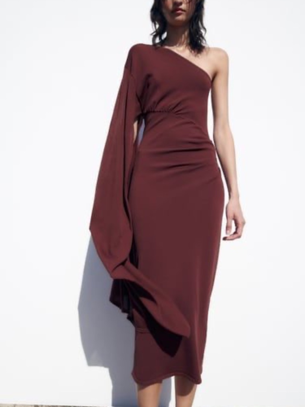 Zara Burgundy one shoulder mid dress with cape sleeve Small Wedding Formal S
